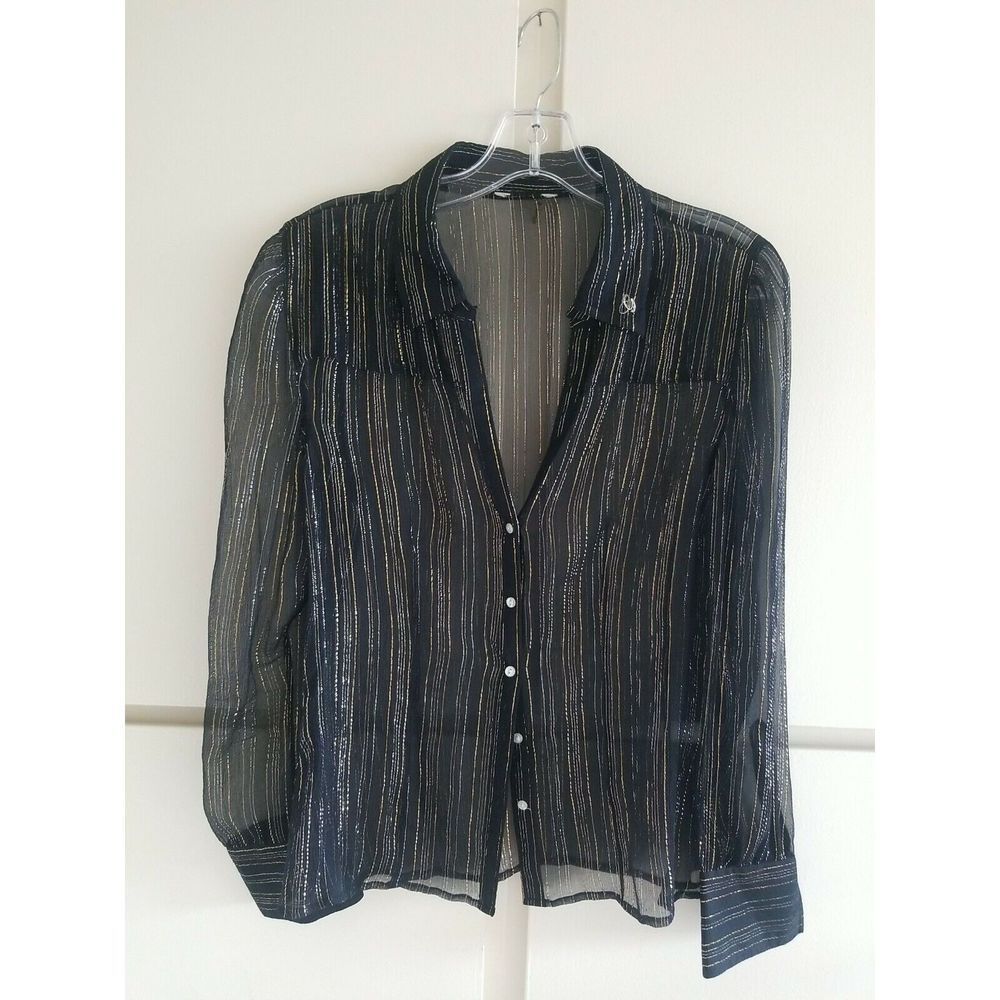 Vtg G-Unit Sexy Black Silk Blouse Silver/Gold Metallic Stripe Sheer Disco, EUC,M - Picture 1 of 7